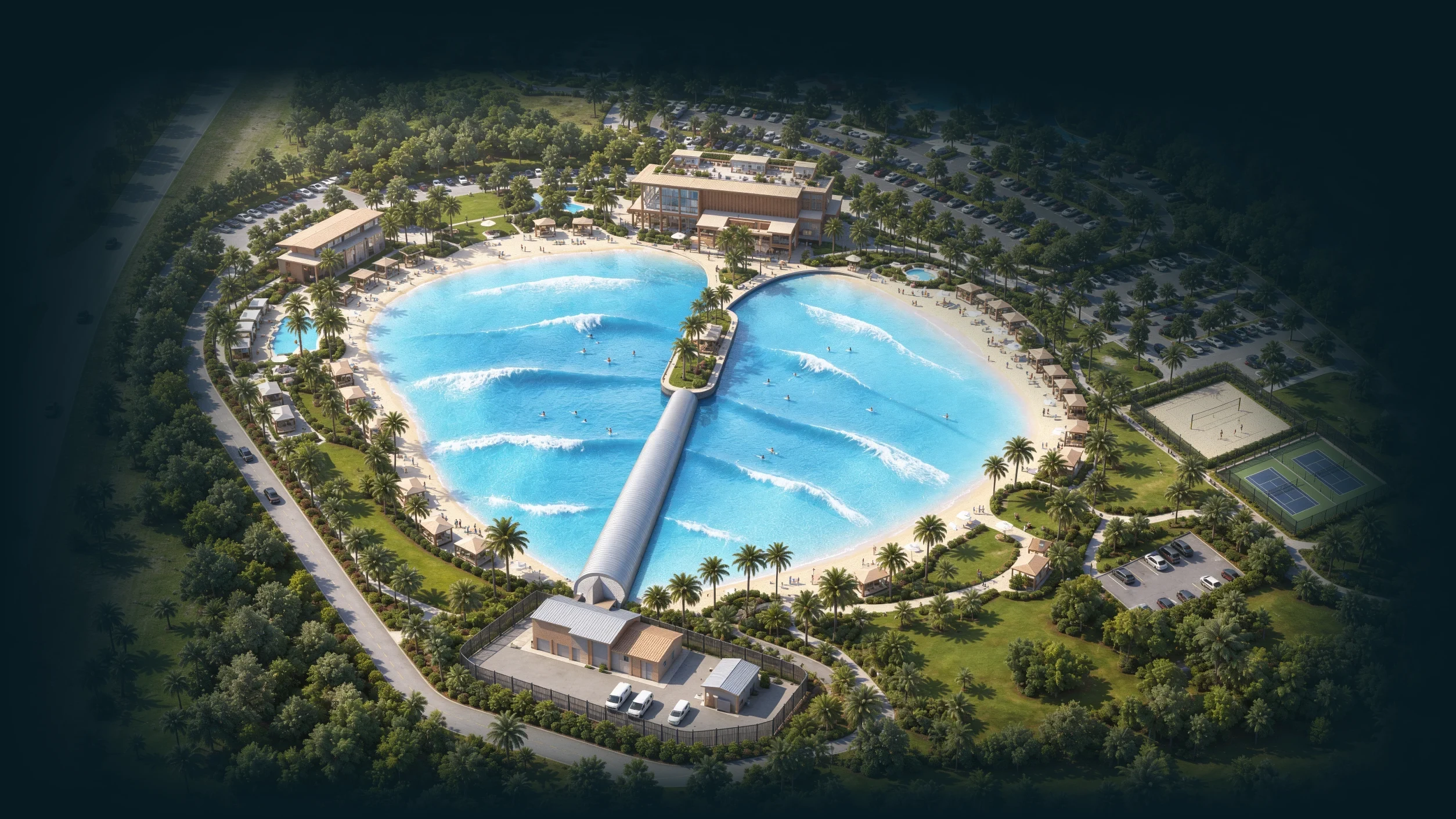 Aerial view of the lagoon, surf center, beaches, pools and cabanas